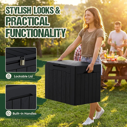 Devoko 100 Gallon Waterproof Large Resin Deck Box Indoor Outdoor Lockable Storage Container for Patio Furniture Cushions Garden Tools (100 Gallon, Black)