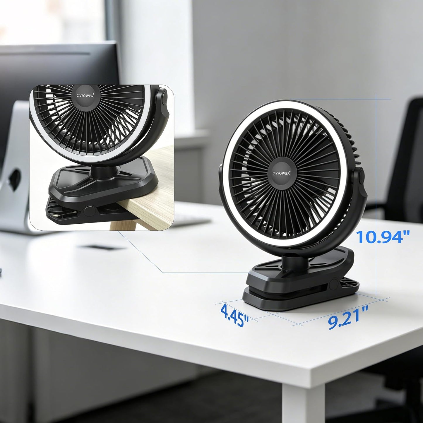 Clip on Fan 16000mAh: Portable Rechargeable Clamp Fan for Stroller Bed Camping Tent Golf Cart - Quiet Battery Operated with 3 Speed Strong Airflow LED Light Hook for Office Desk Outdoor (Black)