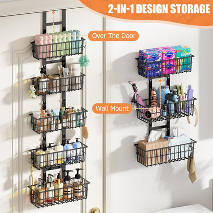 Hongtamoya Over The Door Organizer, Hanging Door Organizer with 5 Metal Baskets, Behind The Door Storage for Pantry Closet Bedroom Bathroom Cabinet Kitchen, White