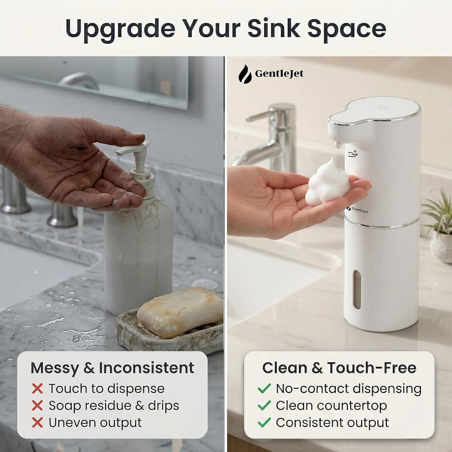 GentleJet JetFoam Automatic Foam Soap Dispenser – Touchless Sensor, USB-C Rechargeable, Adjustable Output, IPX5 Waterproof, 300 ml, Bathroom & Kitchen Countertop