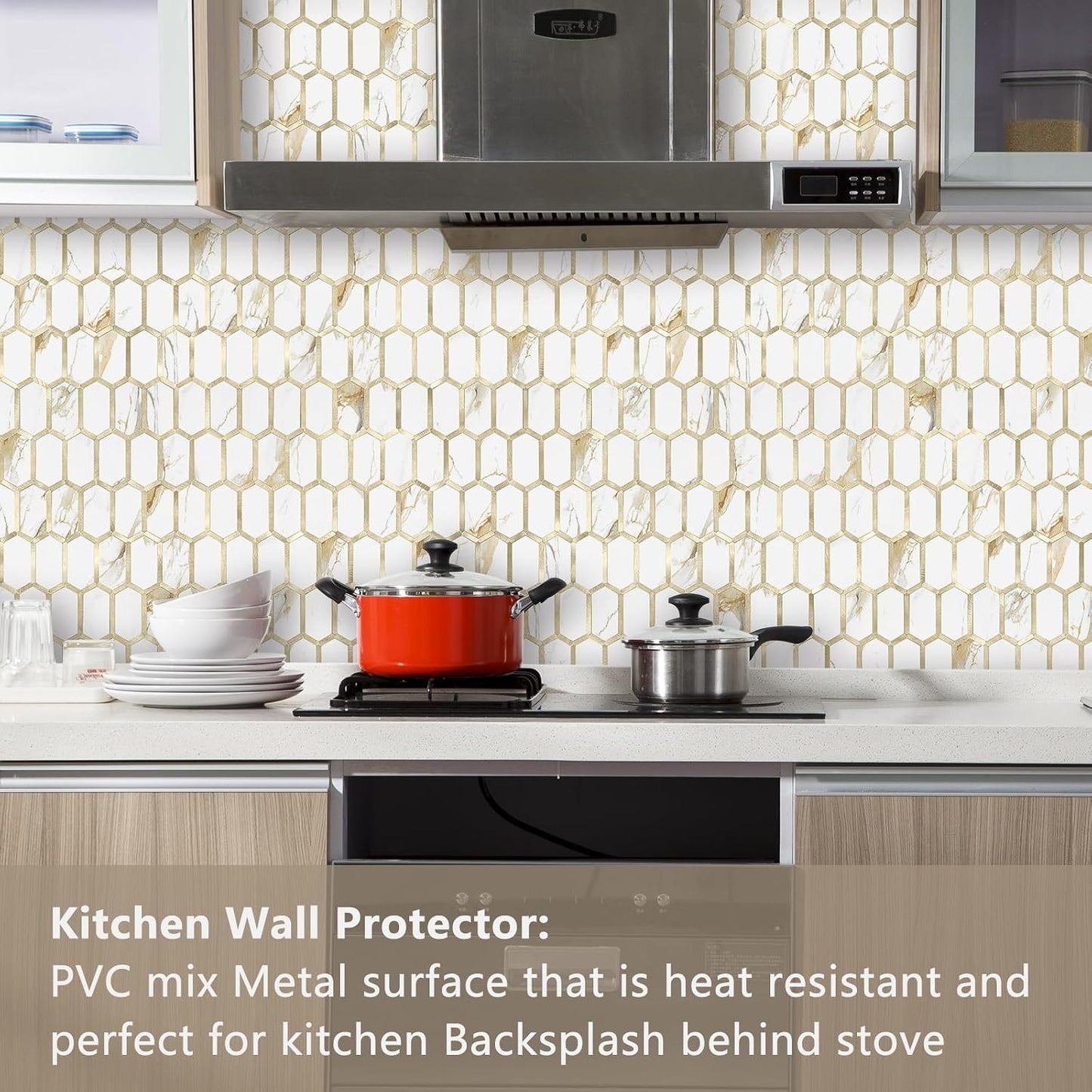 Vamos Tile Long Hexagon Peel and Stick Backsplash Tile - 10 Sheets Stick on Backsplash for Kitchen and Bathroom 12.4 x 12 Inch Glossy Wood Grain PVC Self Adhesive Mosaic Wall Tiles