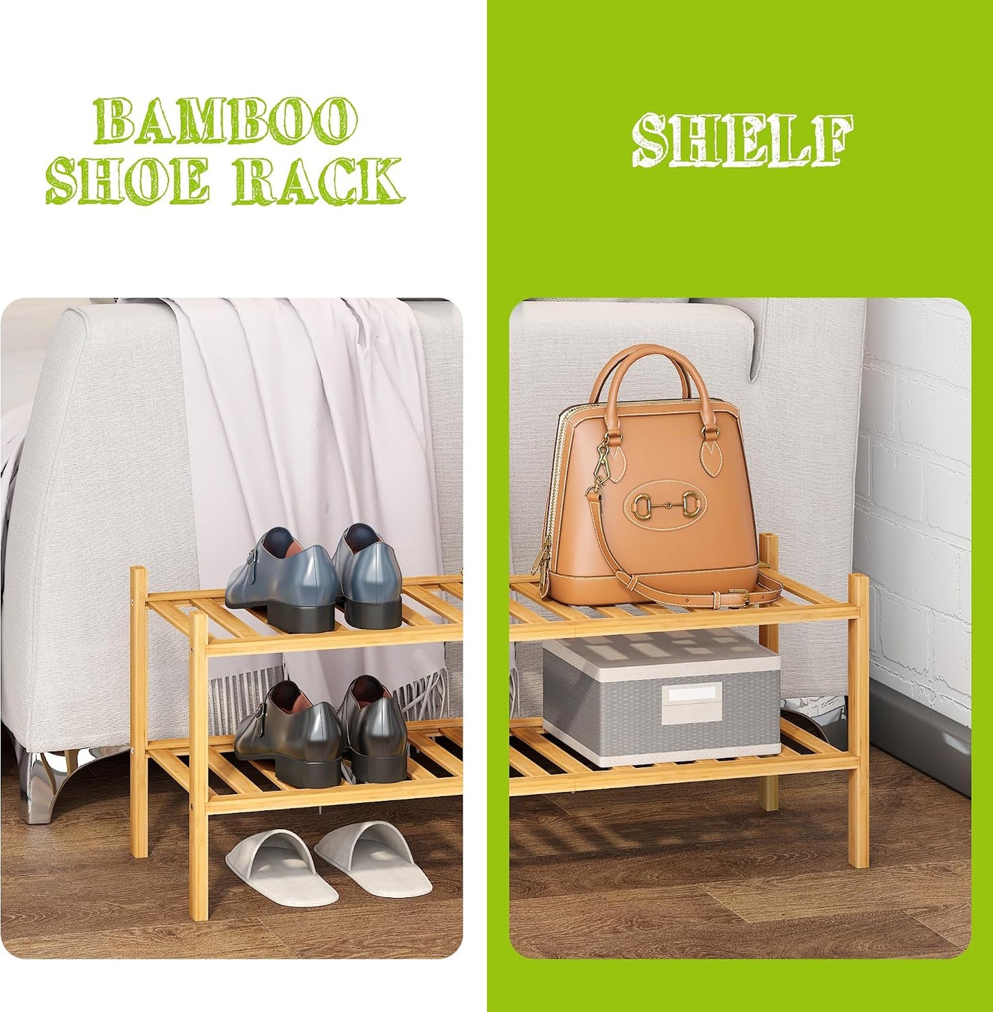 BMOSU 2-Tier Bamboo Small Shoe Rack Premium Stackable Shoe Shelf Storage Organizer for Hallway Closet Living Room Entryway Organizer (Black Bamboo)