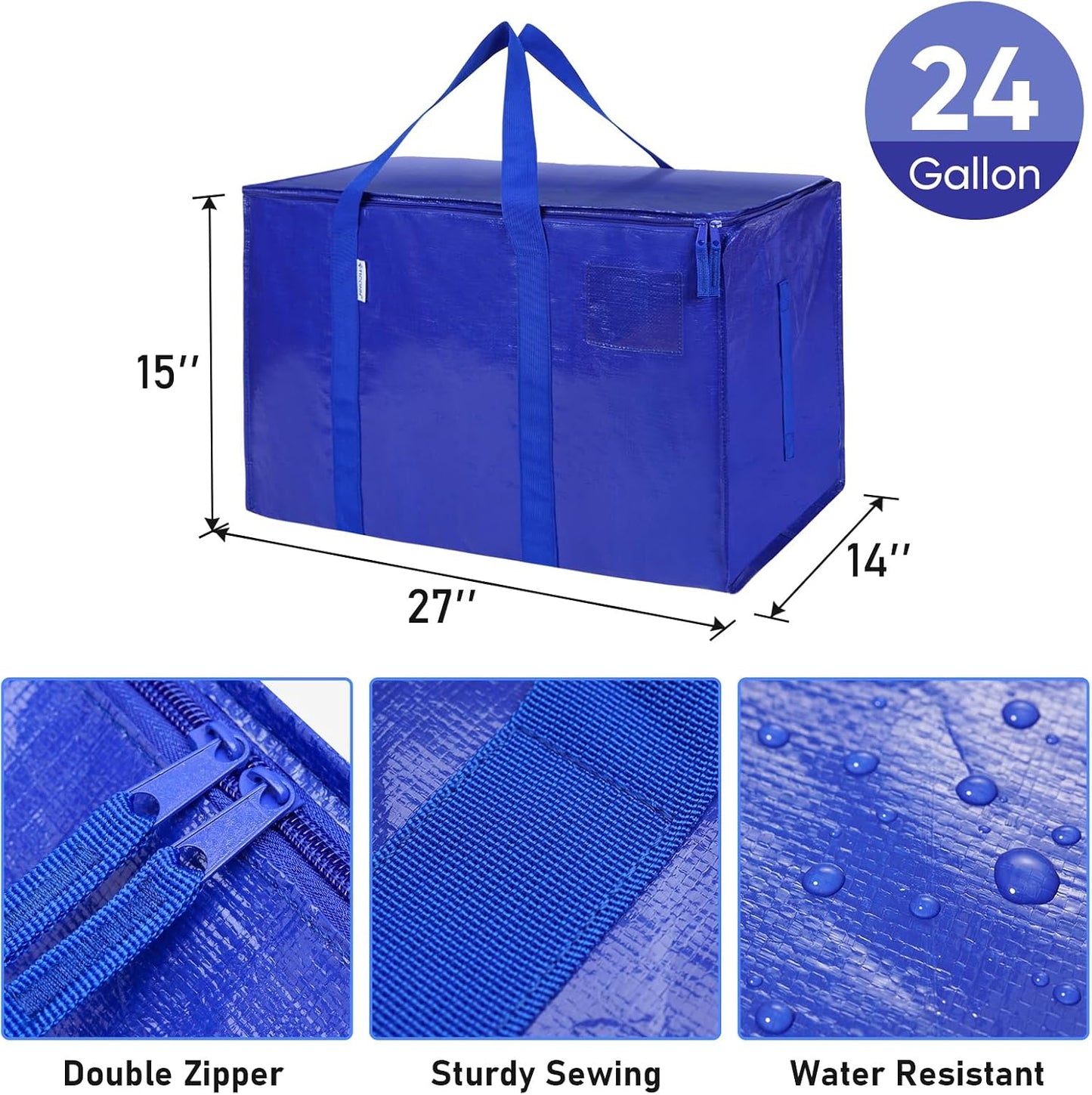 TICONN 4 Pack Extra Large Moving Bags Heavy Duty with Zippers & Carrying Handles, Durable Storage Bags Moving Boxes for Closet Organizers and Storage (4 Pack, Blue)