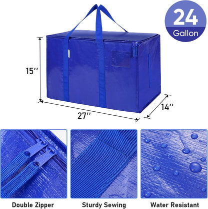 TICONN 4 Pack Extra Large Moving Bags Heavy Duty with Zippers & Carrying Handles, Durable Storage Bags Moving Boxes for Closet Organizers and Storage (4 Pack, Blue)