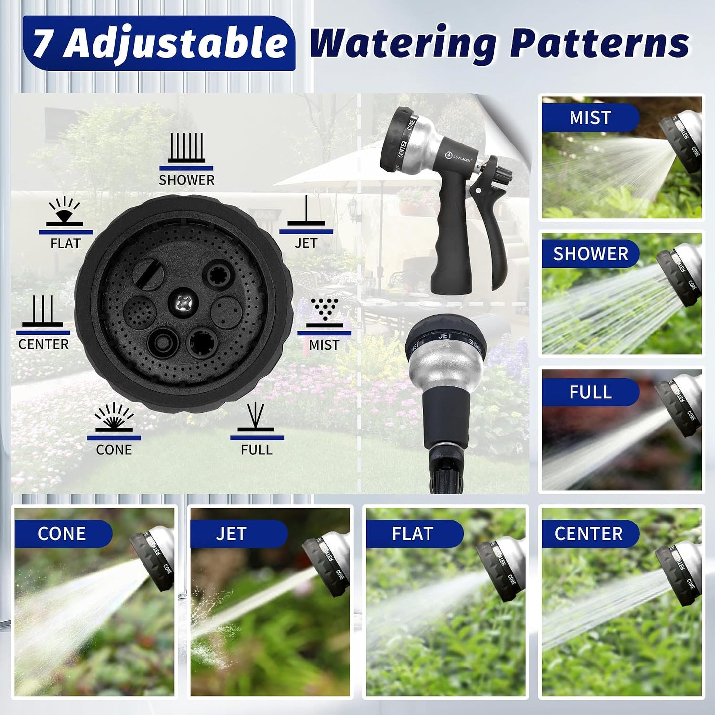 AUTOMAN Garden Hose Nozzle - 2 Pack, 100% Metal High Pressure Spray Nozzle, Labor-Saving Design, Heavy Duty for Garden Watering, Car Washing, Window Cleaning, Pets Bathing