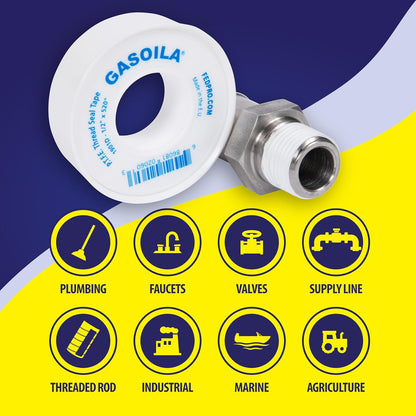 Gasoila PTFE Thread Seal Tape – Professional-Grade, 3/4 Inch x 520 Inch, Low-Density Thread Tape for Plumbing and Water Pipes – Leak-Proof Seal, Non-Toxic