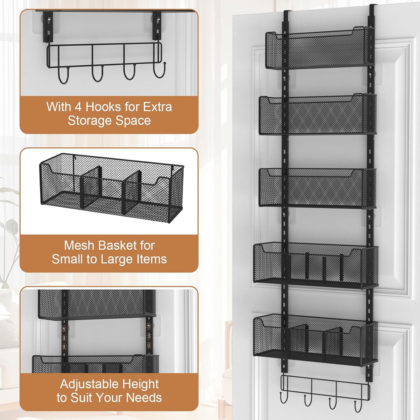 VyGrow Over The Door Organizer, Metal Door Organizer Hanging with 5 Adjustable Baskets and Coat Hook, Behind The Door Storage for Bedroom Closet Bathroom Pantry Cabinet Kitchen, Black