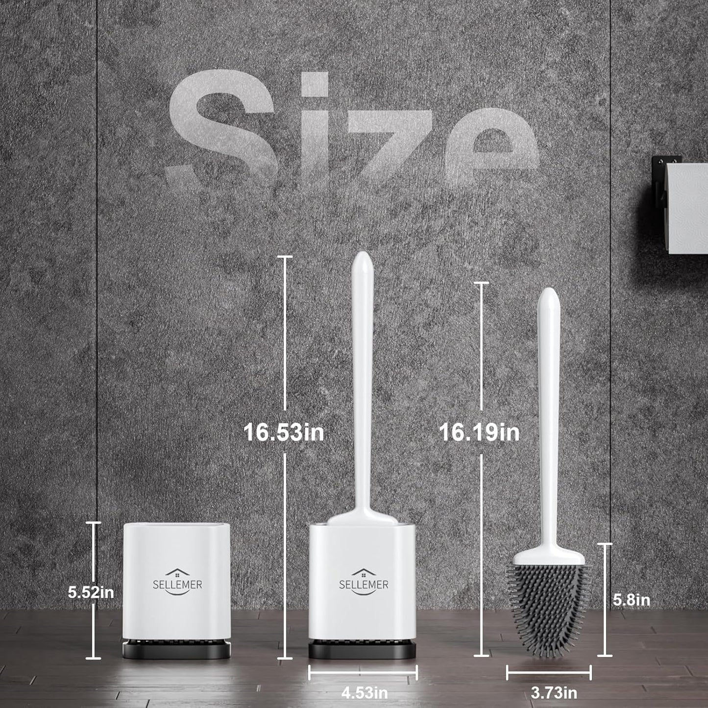 Sellemer Toilet Brush and Holder Set - Flexible Toilet Bowl Brush Head with Silicone Bristles, Compact Size for Storage and Organization, Ventilation Slots Base (1 Pack, Silver)