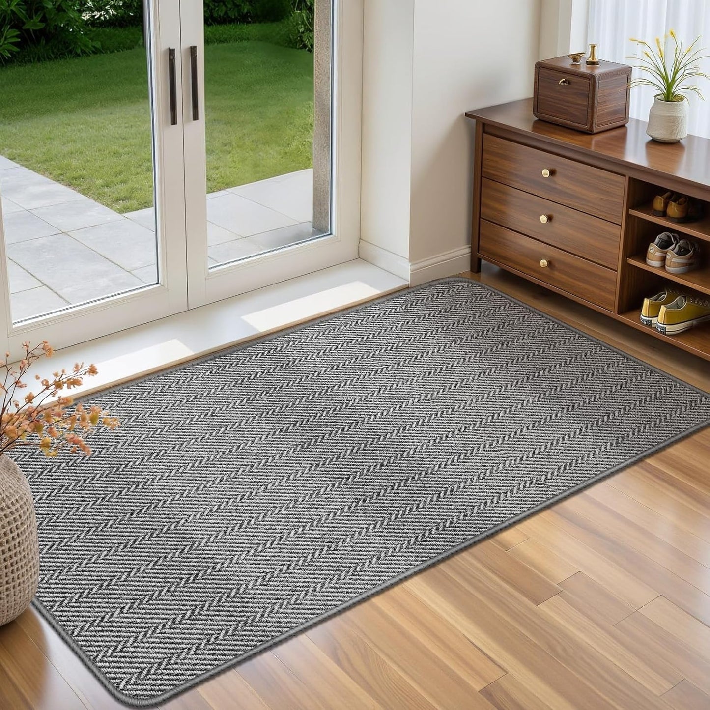 Ultra Thin Door Mat Indoor Entrance 17"x29", Low-Profile Indoor Door Mat, Non Slip Entry Mat Rubber Backing Unique Herringbone Design Inside Doormat Dirt Trapper Entryway Mats, Beige