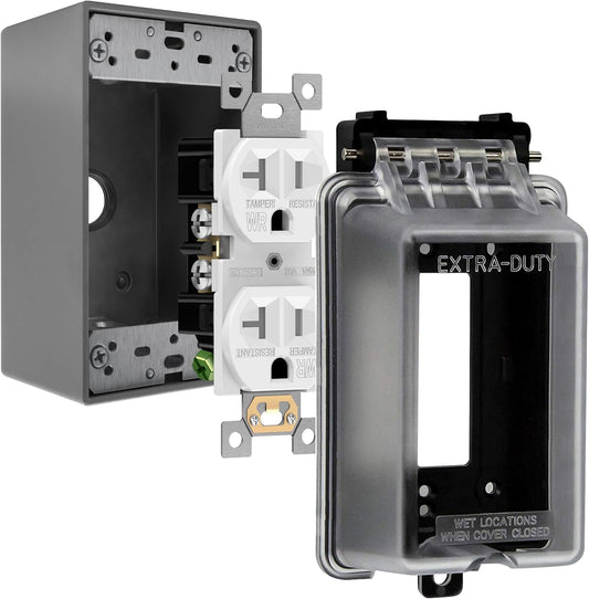 ENERLITES Outdoor Heavy-Duty Outlet Kit, 20A Tamper & Weather-Resistant Duplex Receptacle, Extra-Duty In-Use Weatherproof Cover, 1-Gang 1/2" 3-Hole Metal Weatherproof Box, UL Listed