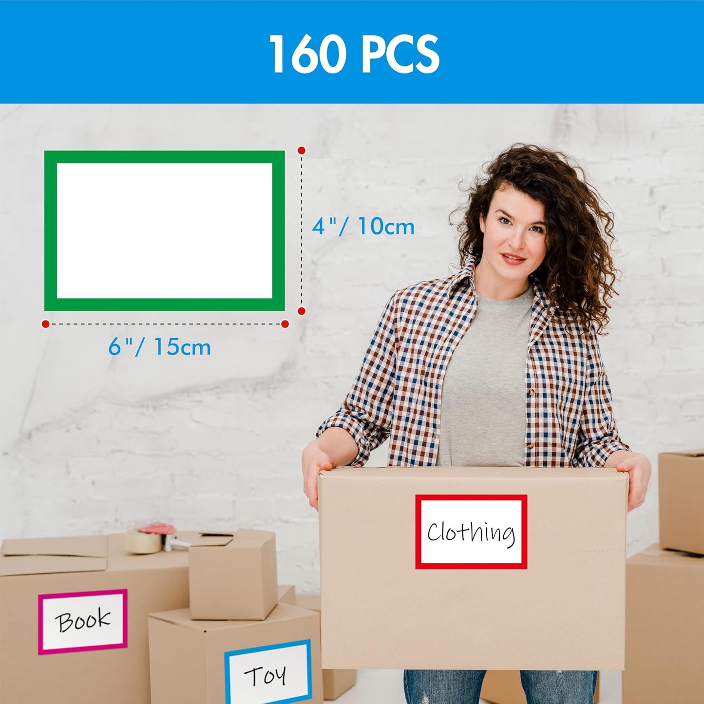 160 PCS Moving Labels, 8 Color-Coded Self-Adhesive Rectangular Stickers for Boxes, Large Home Moving Blank Packing Labels for Cartons, Storage Bins, Office Uses (6” x 4”)