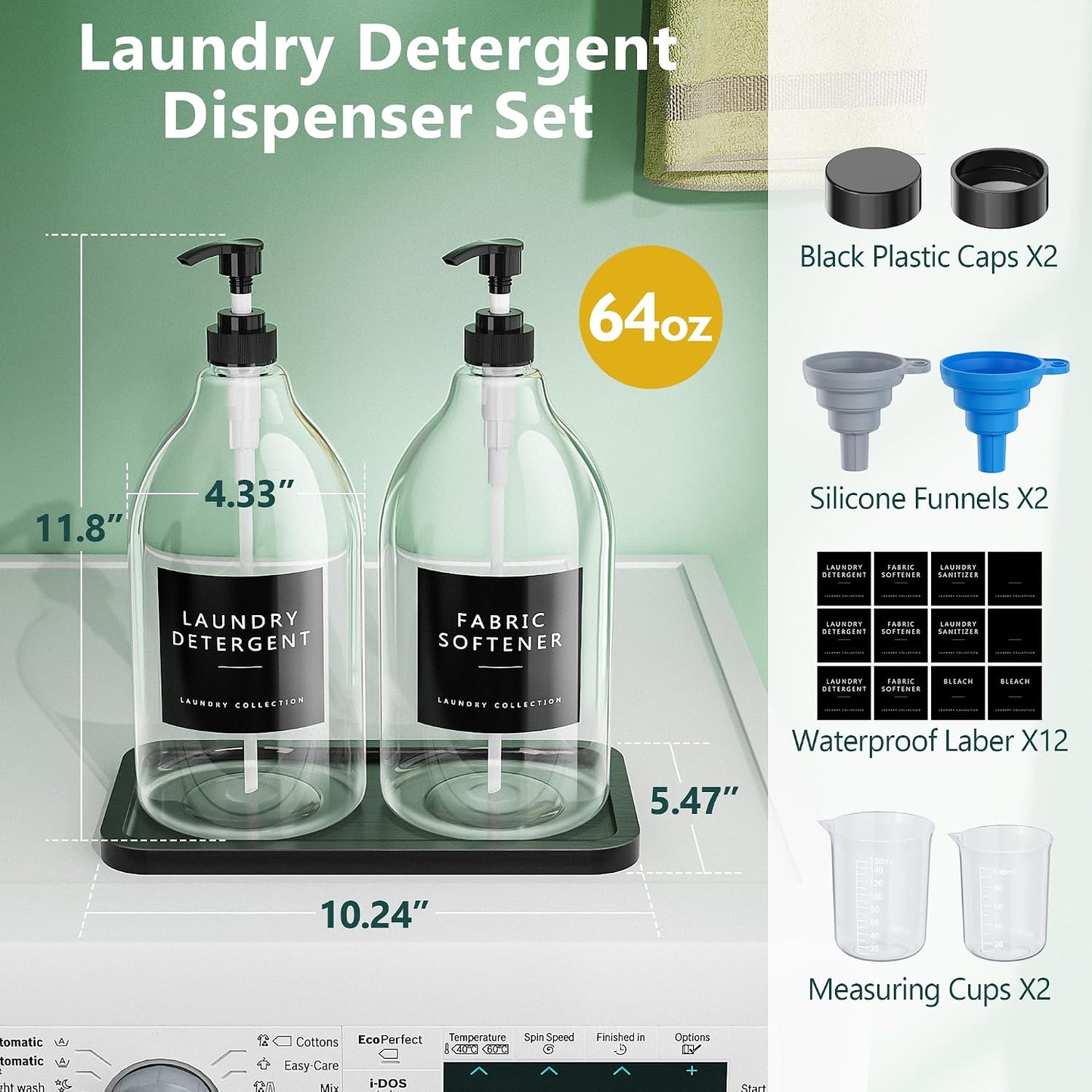 Moforoco 2 Pack Black Liquid Laundry Detergent Dispenser with Bamboo Tray, 64 Oz Plastic Laundry Soap Dispenser, Fabric Softener Dispenser with Pump and Labels for Laundry Room Decor and Organization
