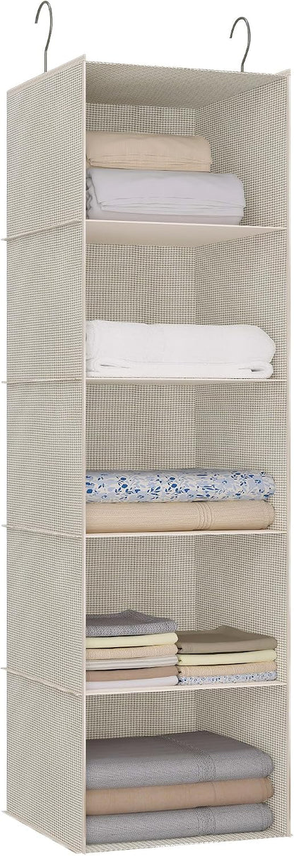 Hanging Closet Organizer 3-Shelf, Oxford Fabric Wardrobe Storage, Gray | Easy-mount foldable design holds clothes, handbags, shoes & accessories; washable Oxford fabric, sturdy and space-saving.