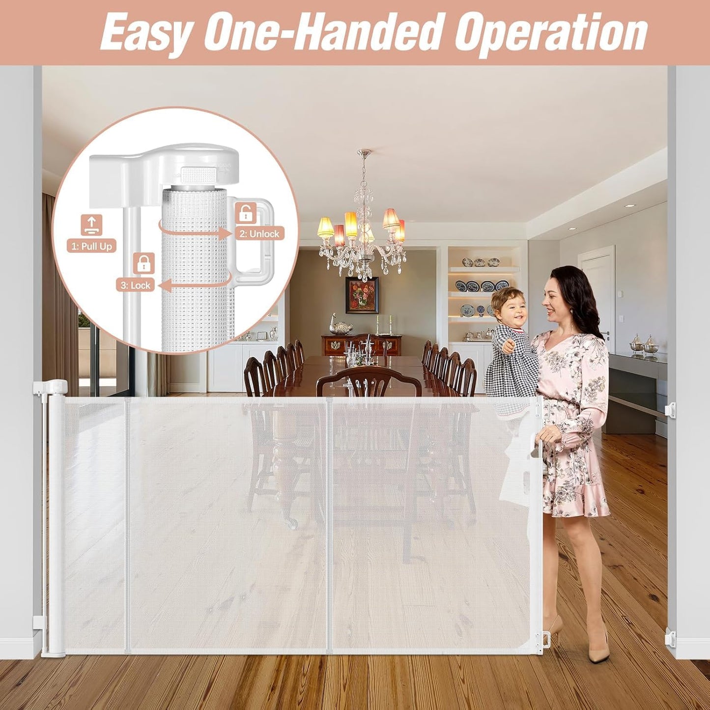 Newly Enhanced - 42" Tall × 120" Extra Wide Retractable Baby Gate Keeps Pets from Getting Under Tall Dog Gate, Indoor/Outdoor Baby Gates for Dogs, Retractable Dog Gate for Large Openings, White