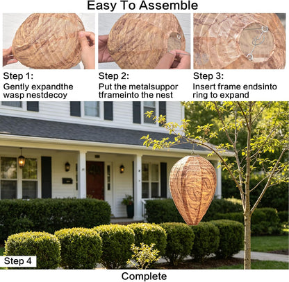 Fake Wasp Nest 4 Pack, Upgraded Waterproof Wasp Nest Decoy Outdoor Hanging, Realistic Artificial Hornet Nests with Stainless Steel Frame for Patio, Porch, Garden, Backyard, Under Eaves