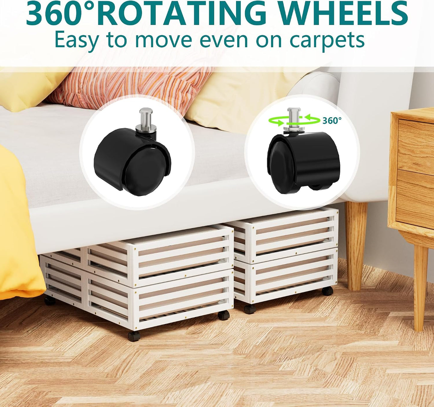 Wisuce 2 Packs Bamboo Under Bed Storage Organizer with Wheels White Small | 360° Lockable Wheels,120lbs Load Capacity, Multi-scene ,Dustproof Clear Storage Bag, Large Capacity,Easy Quick Assembly