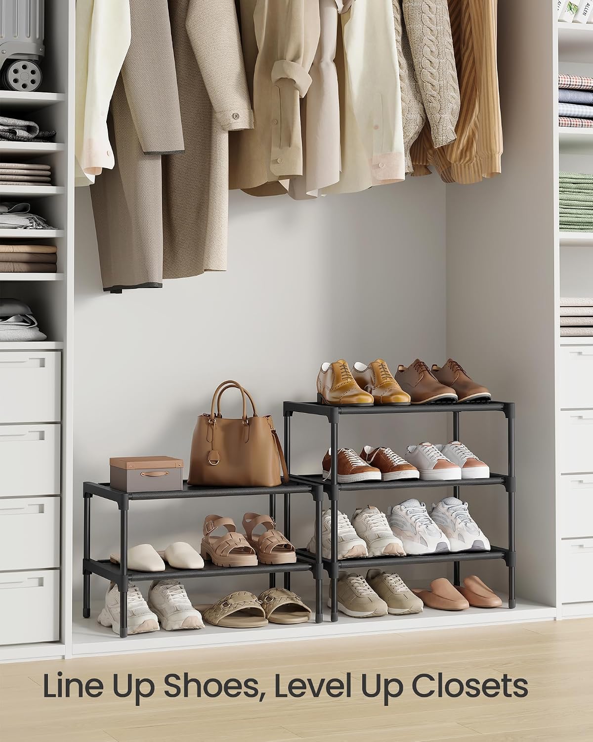 SONGMICS Shoe Rack, 2-Tier Shoe Storage Organizer, Space-Saving, 11.7 x 16.5 x 12.2 Inches, Entryway, Metal Frame, Non-Woven Fabric Shelves, Ink Black ULSH012BH01