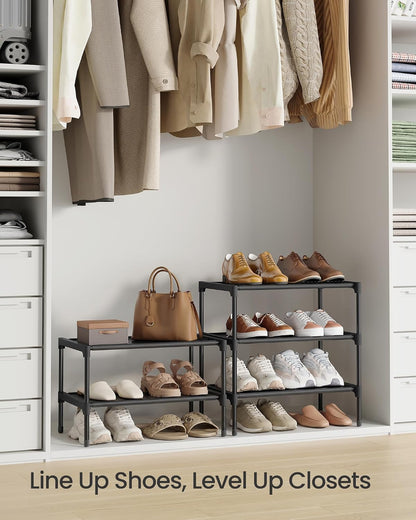 SONGMICS Shoe Rack, 2-Tier Shoe Storage Organizer, Space-Saving, 11.7 x 16.5 x 12.2 Inches, Entryway, Metal Frame, Non-Woven Fabric Shelves, Ink Black ULSH012BH01