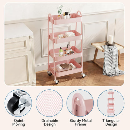 OLIXIS Metal 4 Tiers Utility Rolling Cart, Mobile Storage Shelf with Lockable Caster Wheels, Organization for Livingroom, Bathroom, Kitchen, & Narrow Places, 4-Tier Green