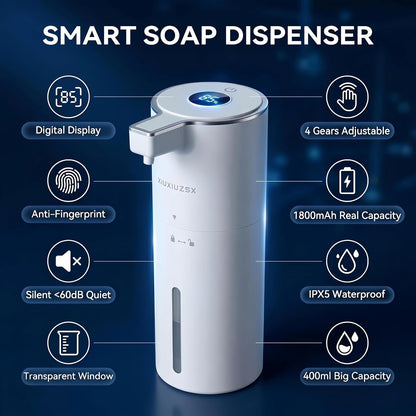 Automatic Foaming Soap Dispenser Touchless Upgrade Pump Uneasy Plugging Wall Mounted USB Rechargeable, 4-Level Adjustable 13.52oz Modern Electric Hand Soap Dispenser Kitchen Bathroom Kids Family White