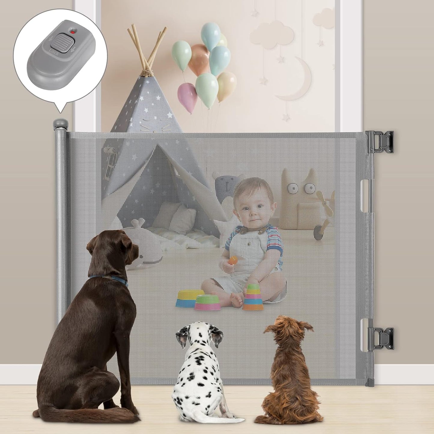 Retractable Baby Gate for Stairs & Doorways, 33" Tall Extends to 71" Wide | Extra Wide Safety Kid Pet Gate, Mesh Dog Gate for Indoor,Outdoor, Hallways One-Handed Operation, Easy Install(33”x71”-Black)