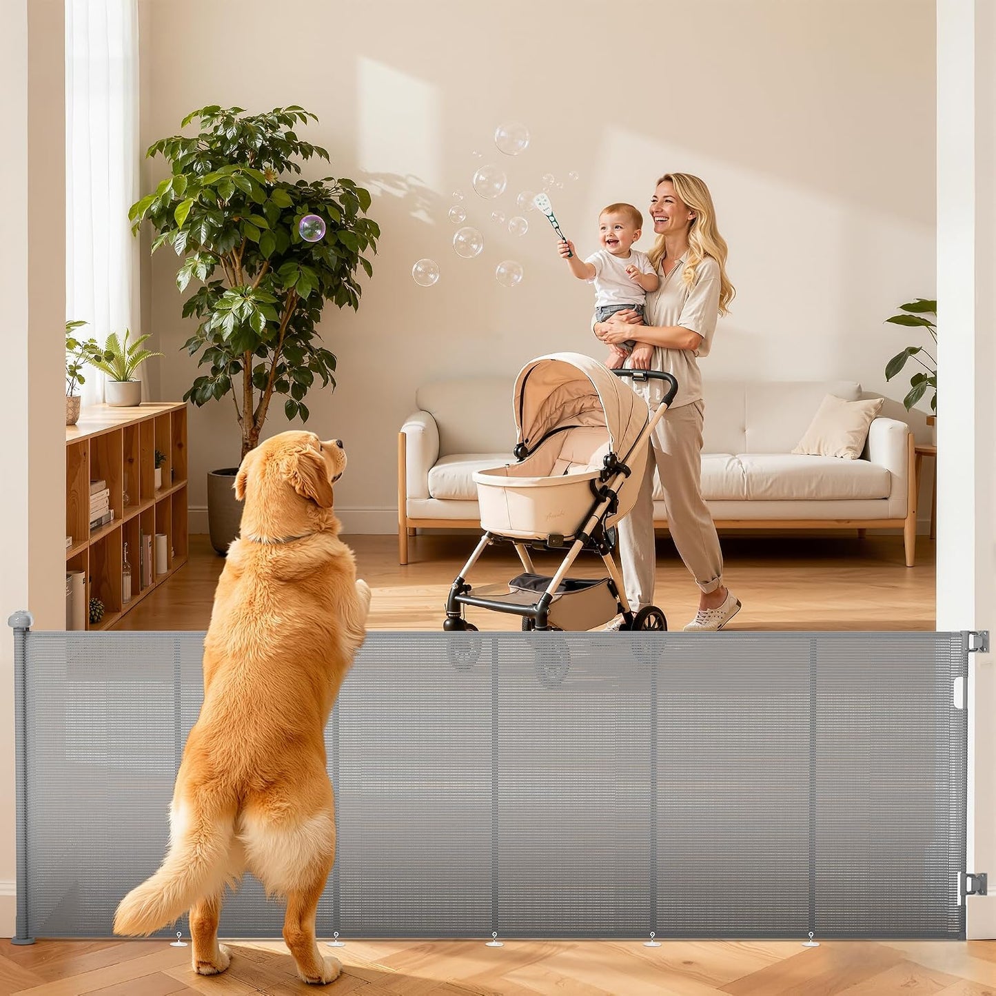 Retractable Baby Gate for Stairs, 42" Tall X 200" Wide Mesh Dog Gate Indoor, Child Gate for Doorways, Hallways, Deck, Indoor Outdoor Pet Baby Safety Essentials for Home, Black
