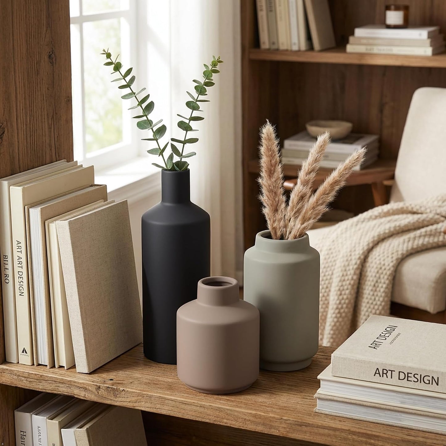 Ceramic Vase Set of 3, Modern Decorative Vases for Home Decor, Small Flower Pottery Vase Sets, Boho Farmhouse Rustic Vases for Living Room, Kitchen, Bedroom, Bathroom, Shelf, Table