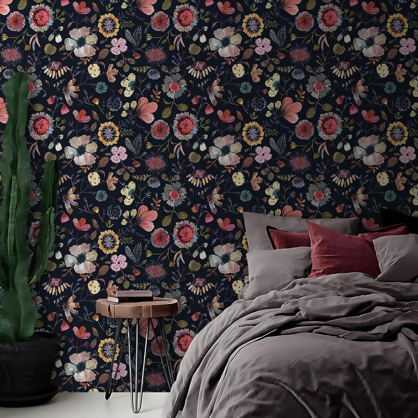 Wallpaper Peel and Stick Floral Wall Paper Removable Waterproof Gray/Yellow/Blue Contact Paper for Bedroom, Bathroom, Home Wall 17.3" x 118"