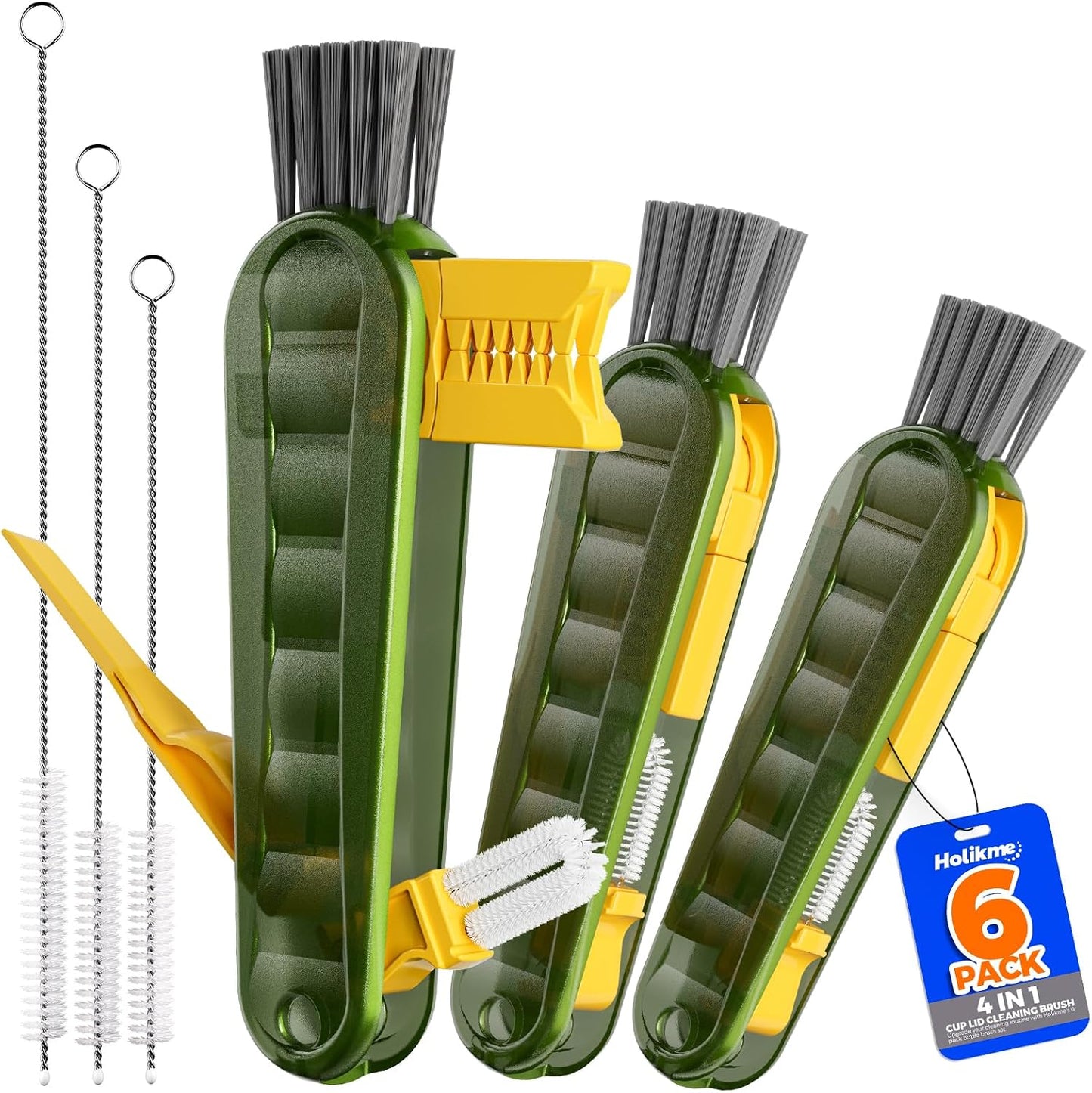 6 Pack Holikme 4 in 1 Cup Lid Cleaning Brush Set with 3 Straws, Multifunctional Bottle Brush, Silicone Cup Lid Gap Cleaner, Bristle Crevice Cleaning Brush, Flat End Brushes, Navy & Black & Olive
