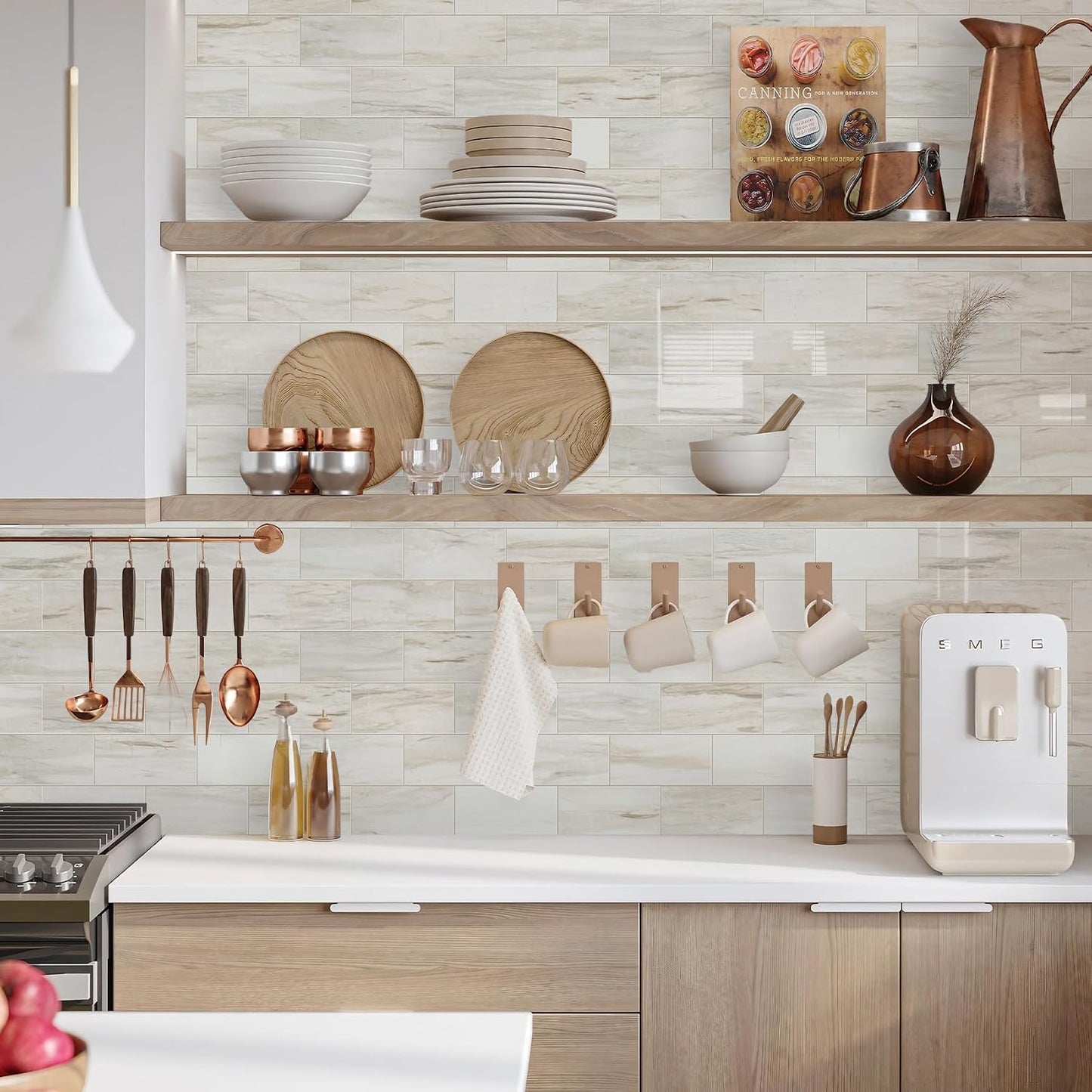 Vamos Tile 100-Piece Glossy Dolomite White Peel and Stick Backsplash Tile,3''x6'' PVC Subway Tile with White Grout, Stick on Backsplash for Kitchen/Bathroom/Fireplace