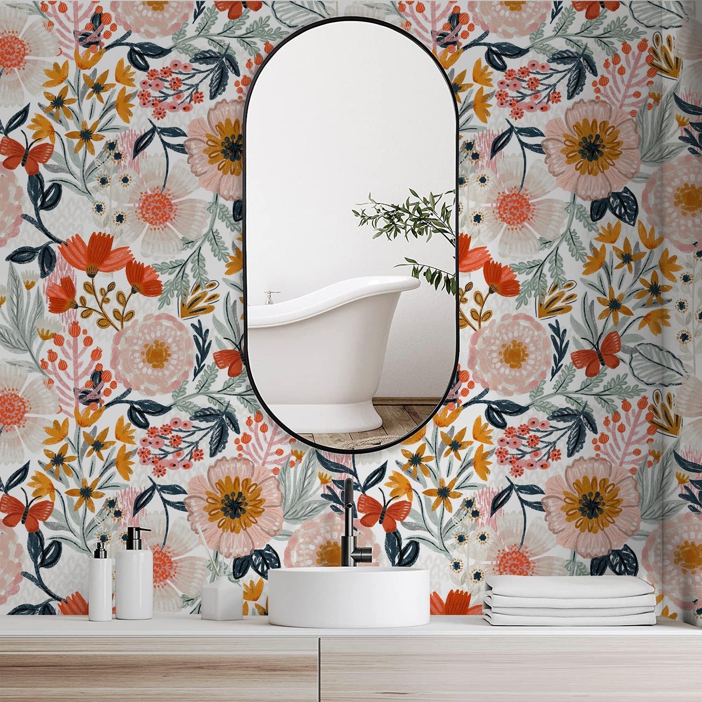 HAOKHOME Boho Peel and Stick Wallpaper Floral Wall Paper Removable for Bedroom Navy/Pink/Orange Contact Paper 17.7in x 9.8ft
