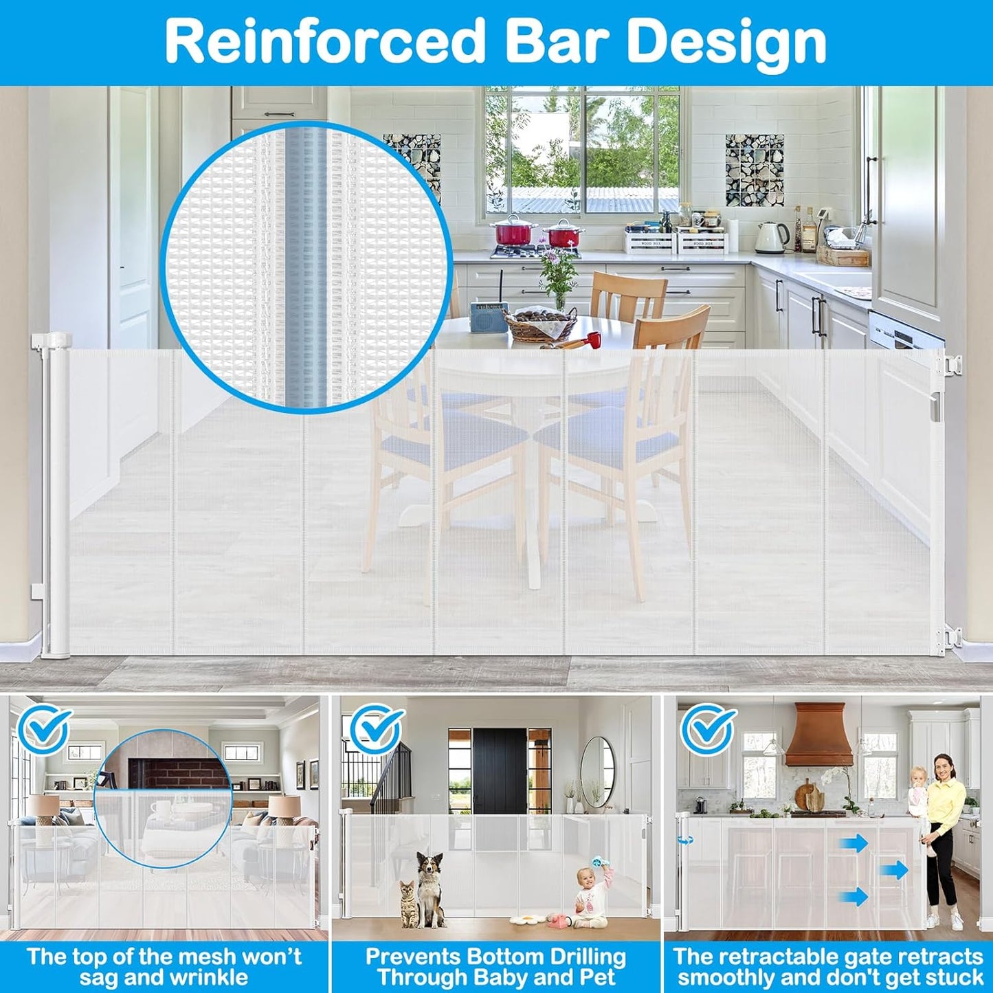 42 Inch Extra Tall Retractable Baby Gates with Reinforced Strips 55 Inch Wide Outdoor Retractable Dog Gate No Sag Extra Tall Baby Gate for Doorway Anti-Scratch Mesh Gates for Kids or Pets, White