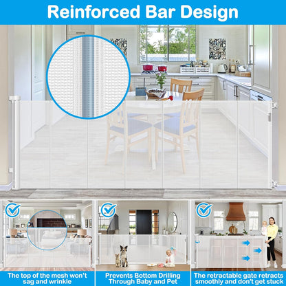 42 Inch Extra Tall Retractable Baby Gates with Reinforced Strips 55 Inch Wide Outdoor Retractable Dog Gate No Sag Extra Tall Baby Gate for Doorway Anti-Scratch Mesh Gates for Kids or Pets, White