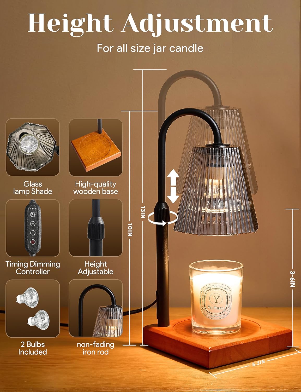 Candle Warmer Lamp with Timer, Dimmable Candle Warmer for Home Decor, Birthday Gifts for Women Mom, Adjustable Height Wax Melt Warmer with 2 Bulbs