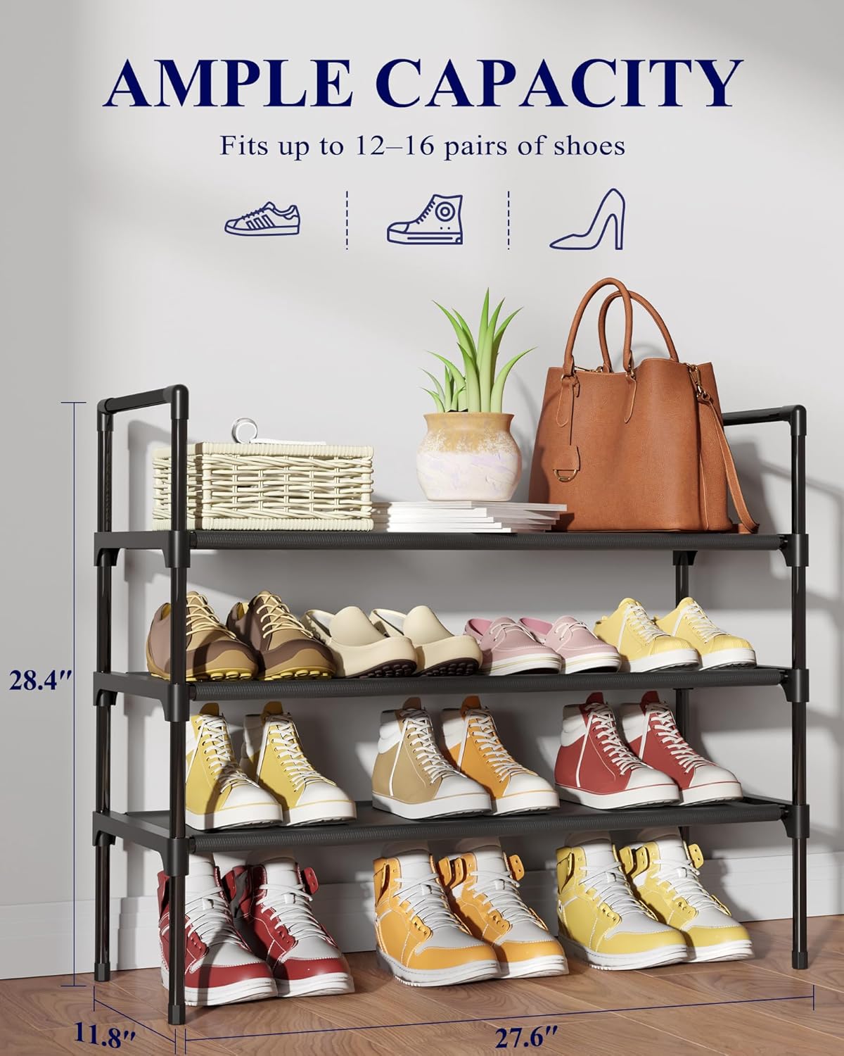 Kitsure Shoe Rack - 3-Tier Shoe Organizer, Shoe Rack for Closet, Entryway, Bedroom, Easy- Assembly Storage Shelf with Side Handles, 27.6" Wide - 3 Tiers, Grey