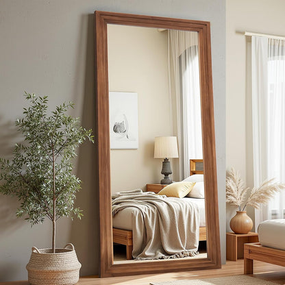 Antok Full Length Mirror with Solid Wood Frame, 71"×32" Wall Mounted Oversized Floor Mirror with Stand, Leaning Standing Hanging for Bedroom Living Room Entryway, Walnut, Arched Syle