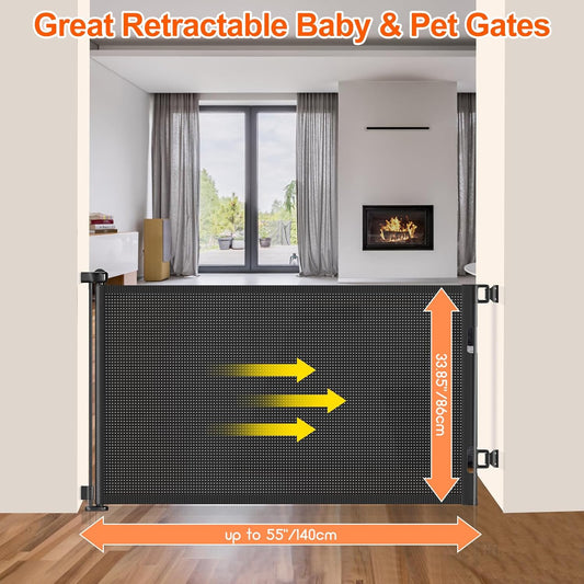 71 inch Retractable Baby Gates, EZIGO Extra Wide Baby Gate for Large Opening Extra Long Mesh Gate for Kids or Pet Dog Gate Child Safety Gate for Stairs Hallways Doorway Indoor Outdoor, Gray