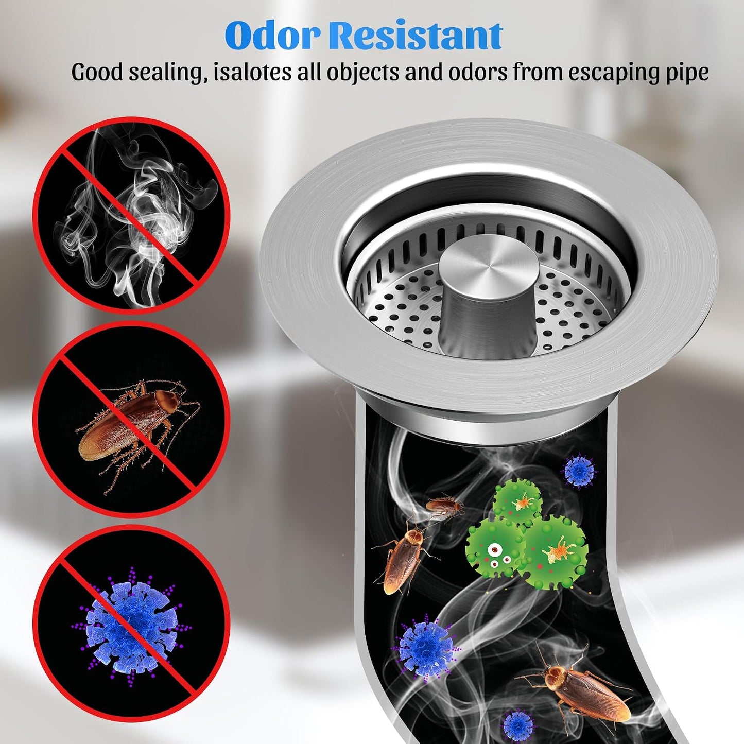 NinjaTiger Kitchen Sink Drain Strainer - 3-in-1 Stainless Steel Pop Up Sink Stopper Anti-Clogging Sink Strainer Basket Sink Drainer Filter Plug for US Standard 3-1/2'' Sink Drain | Gunmetal Gray