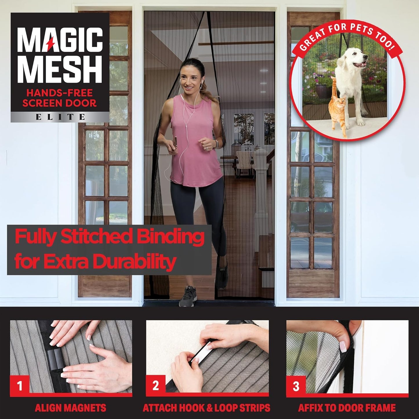 Magic Mesh Elite- More Durable Magnetic Screen Door, Reinforced Seam Mesh Curtain Keeps Bugs Out, One Panel Hook & Loop Frame, Strong & Hidden Magnets- Fits Single Doors up to 39 x 83 Inches