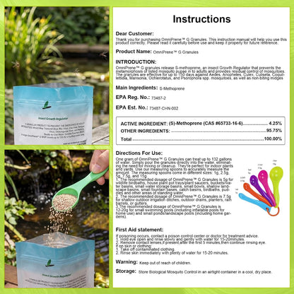 Biological Mosquito Control Pouches Dissolves in Water with Measuring Spoon Treats Up to 18744 Gallon 4.25% S-Methoprene IGR Larvae Won't Harm Fish Birds EPA Certified Rain Bath Pool 142g