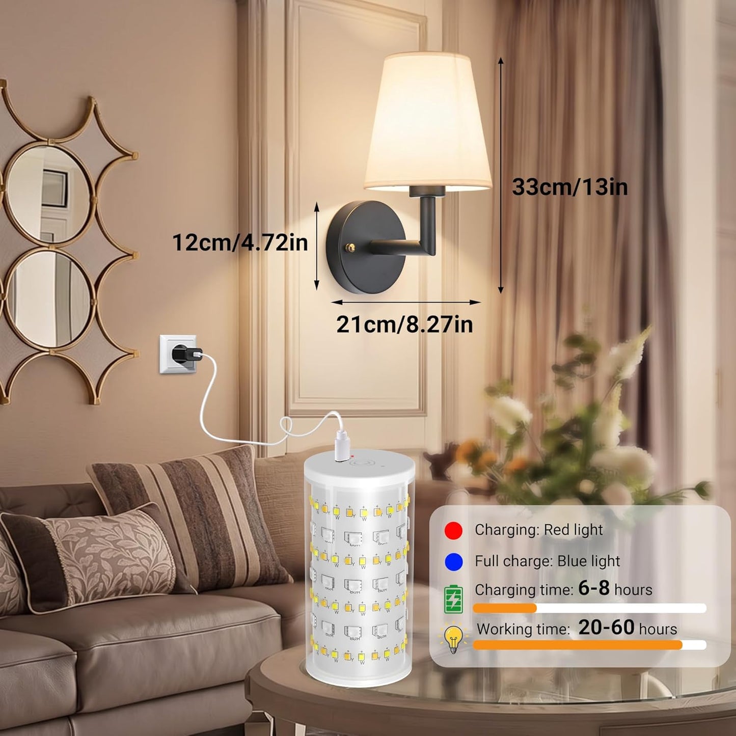 Nekhung Battery Operated Wall Sconces Set of Two, Wireless Battery Wall Light with 10000mAh RGB Dimmable Magnetic Bulb and Remote, Rechargeable Sconce Wall Decor for Bedroom Living Room Hallway