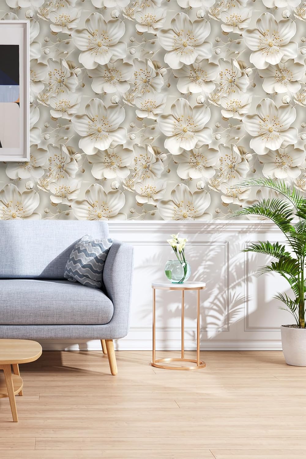 Floral Peel and Stick Wallpaper 3D Effect Interior Wall Décor Contact Paper Self Adhesive Removable Renter Friendly for Bedroom Living Cabinet Room 17.7in x 9.8ft (Not Textured Wallpaper