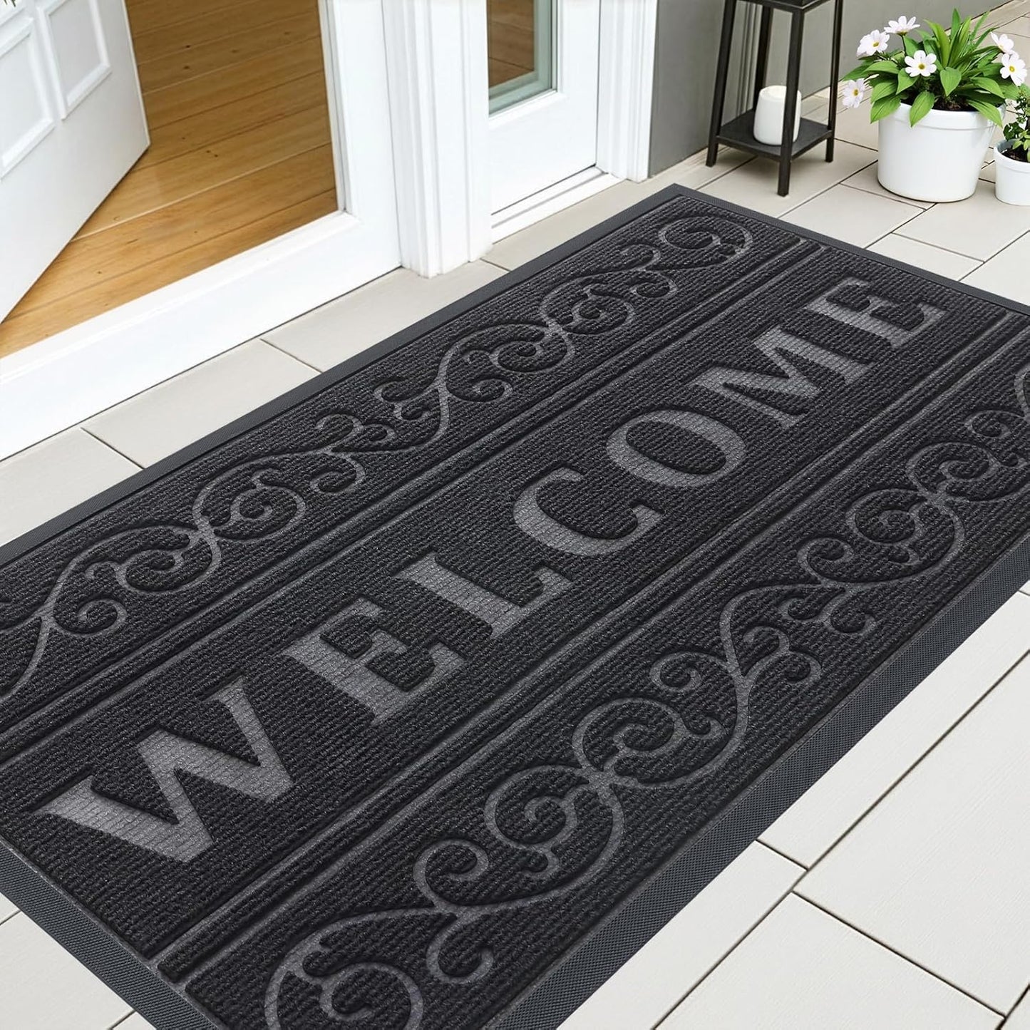 OLANLY Front Door Mat Outside Entrance 29.5x17, Absorbent, Heavy Duty Sturdy Natural Rubber Doormat Indoor Outdoor, Stain and Fade Resistant, Non-Slip Backing Low Profile Floor Mat for Entryway, Grey