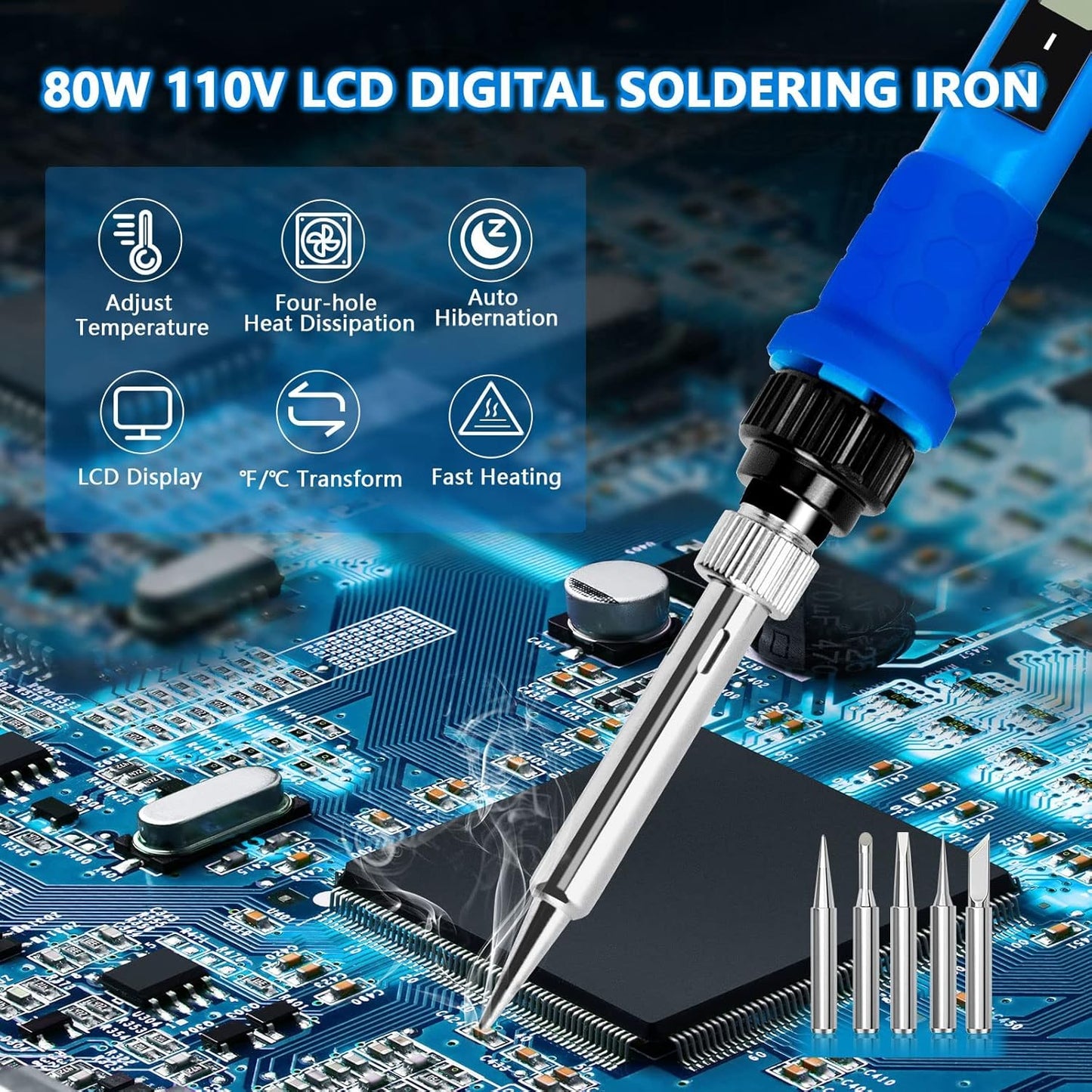 Soldering Iron Kit, 80W 110V LCD Digital Solder Iron Pen with Ceramic Heater, Portable Welding Tools with 5pcs Tips, Stand, Solders Wire, Sponge, Paste, for Metal,Electric Repairs, DIY