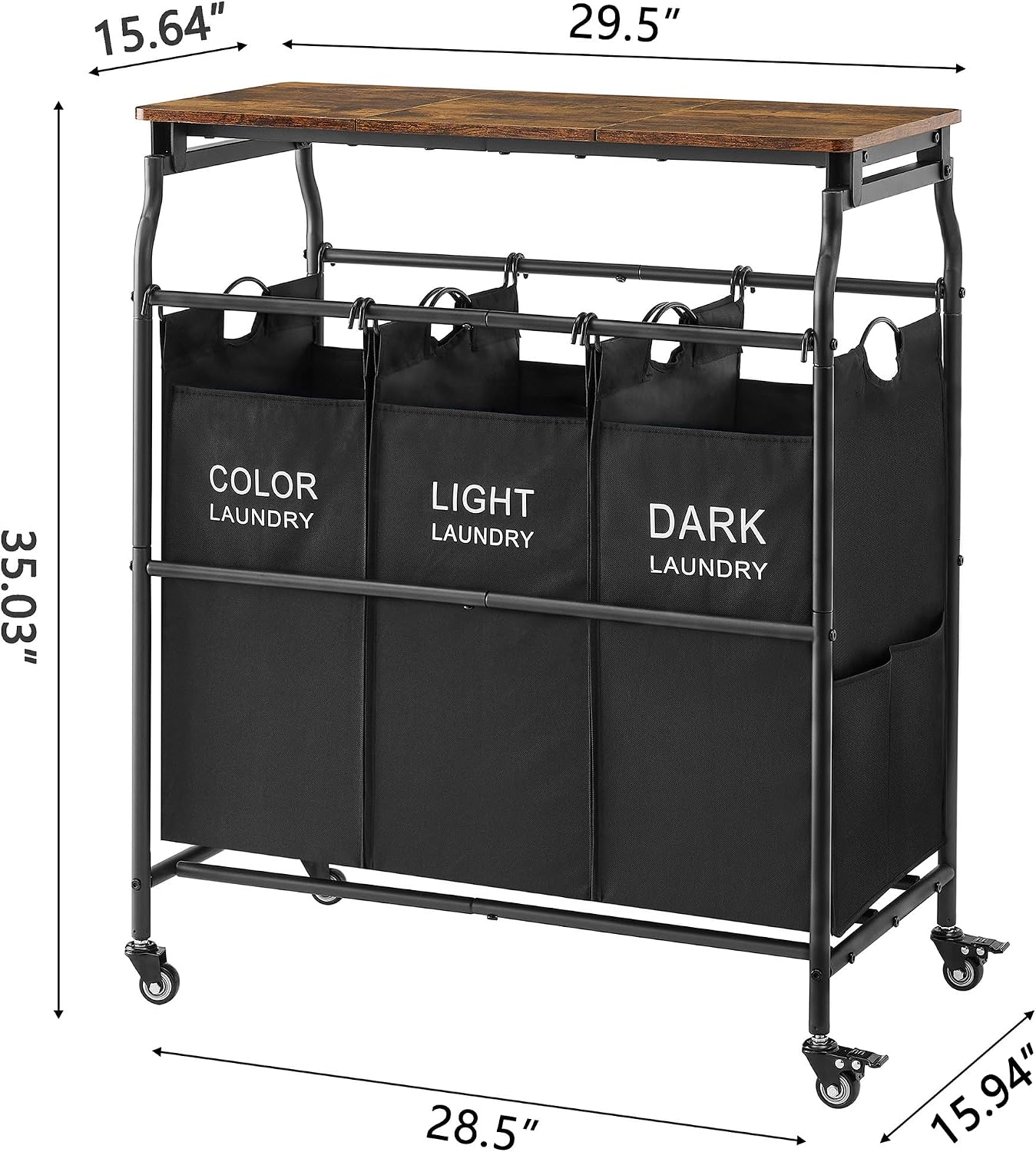 Hoctieon 3 Section Laundry Sorter Cart with Ironing Board, Laundry Hamper with Shelf and Rolling Wheels, Heavy Duty Laundry Basket Organizer, Large Clothes Separator Hamper with Removable Bags, Black