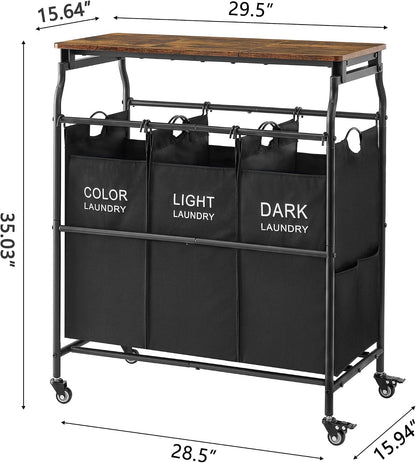 Hoctieon 3 Section Laundry Sorter Cart with Ironing Board, Laundry Hamper with Shelf and Rolling Wheels, Heavy Duty Laundry Basket Organizer, Large Clothes Separator Hamper with Removable Bags, Black