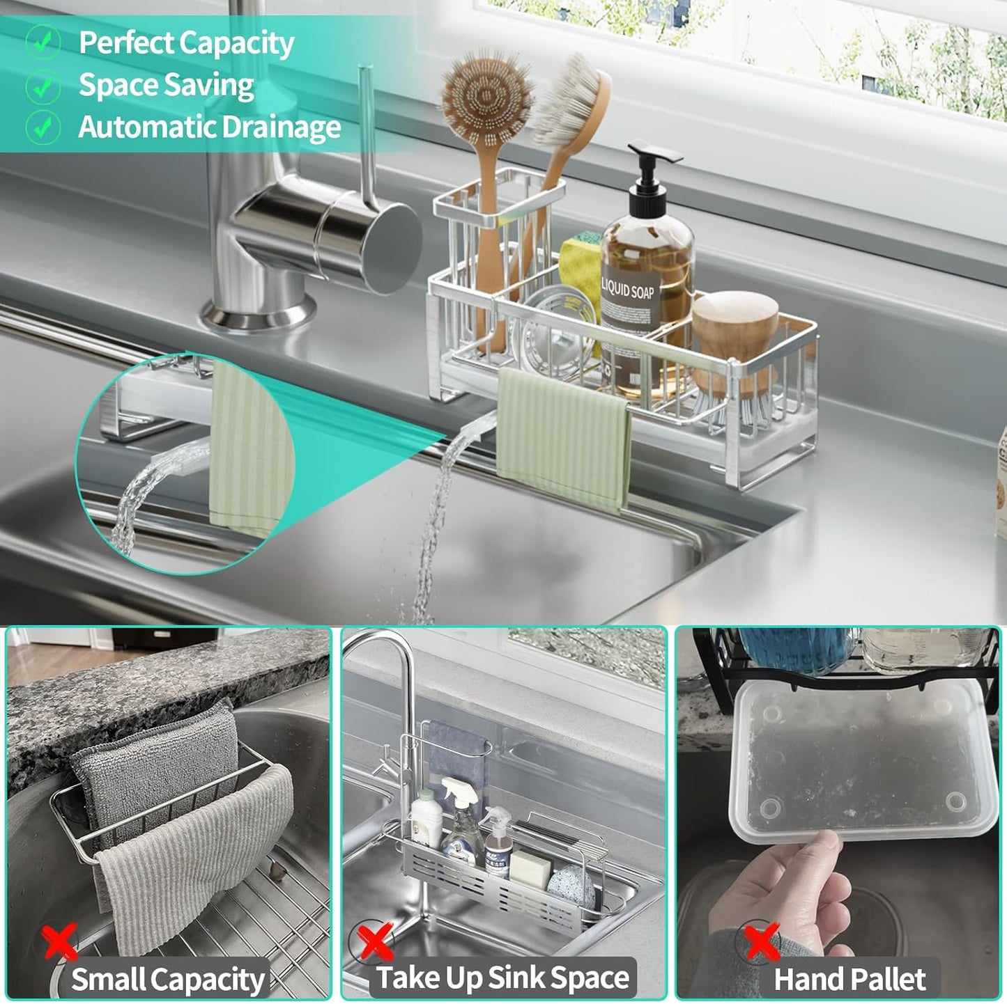 HapiRm Sponge Holder for Kitchen Sink - Self-draining Sink Caddy with Brush and Dishcloth Holders, Stainless Steel Kitchen Countertop Organizers and Storage Essentials - Black