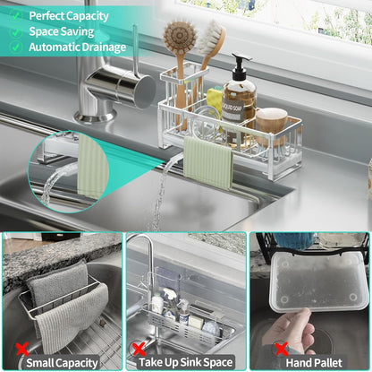 HapiRm Sponge Holder for Kitchen Sink - Self-draining Sink Caddy with Brush and Dishcloth Holders, Stainless Steel Kitchen Countertop Organizers and Storage Essentials - Black