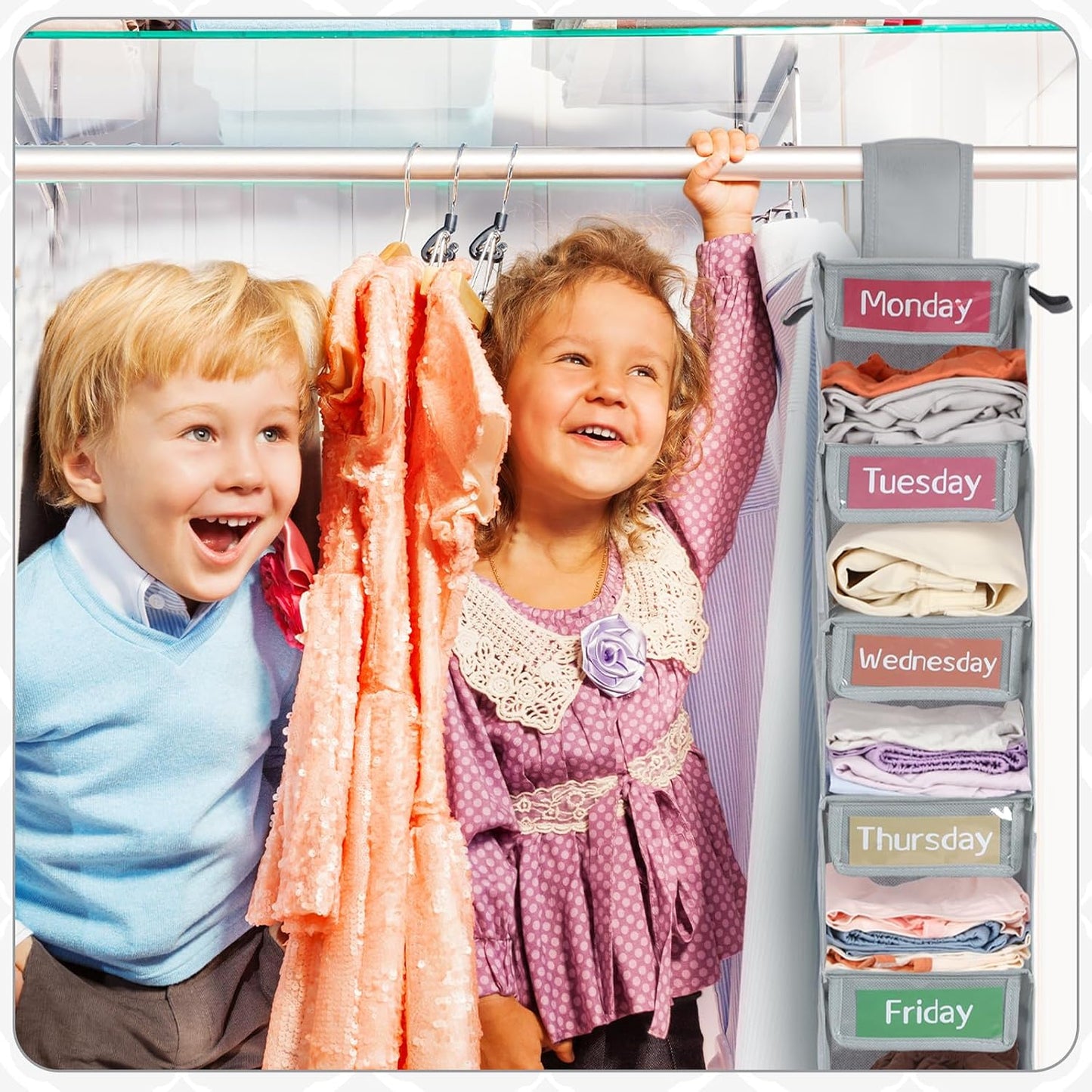 2 Pack 7 Shelf Weekly Clothes Organizer Hanging Closet for Kids with Side Pockets Weekday Shoes Rack Weekly Clothes Organizers Monday Through Weekend Foldable Storage Shelves(Black)
