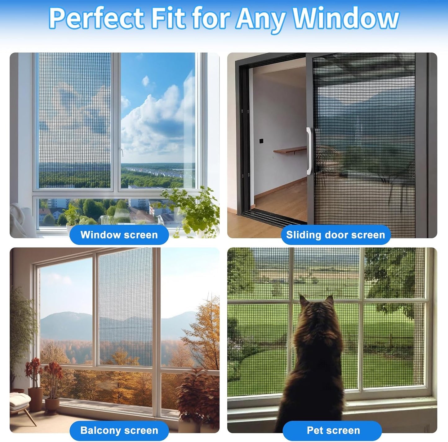 Window Screen Repair Kit 48"x118" - Includes Full Tools Set Replacement Window Screens for House Windows & Screen Doors, Durable Easy to Install for Sliding Screen Door Repair for Patio
